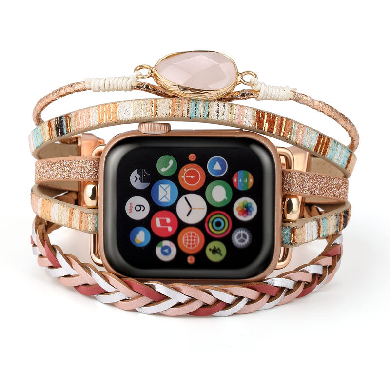 Boho Leather Wrap Bands Compatible with Apple Watch Band Bracelet for Women Men 38mm/40mm/41mm, Multilayer Apple Watch Strap for Iwatch Band Series 8/7/6/5/4/3/2/1/SE Ultra
