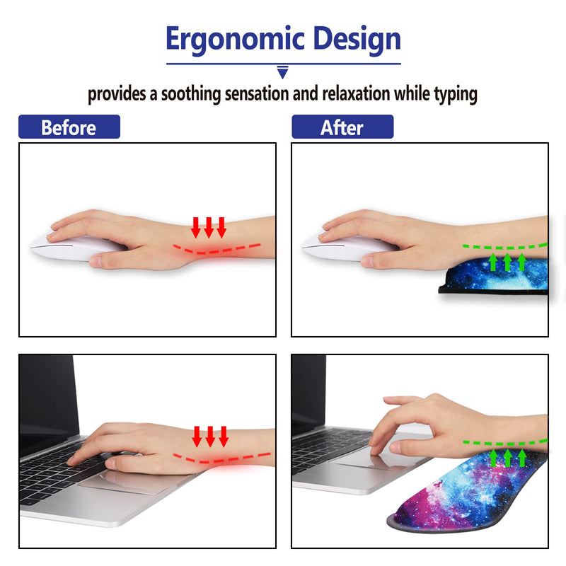 ArtSo Keyboard Wrist Rest and Mouse Pad with Wrist Support Set Ergonomic Coaster, Memory Foam Mousepad 4 in 1 Non-Slip Rubber Base Durable Comfortable for Easy Typing Pain Relief, Starry Sky Galaxy