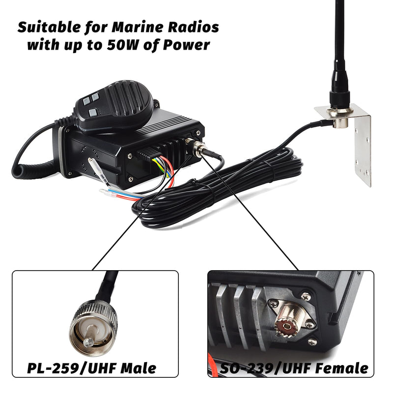 TWAYRDIO Marine VHF Antenna 6.5" Low Profile w/16.4ft Coax Cable for Boat | Stubby Marine Radio Antenna, 156-163MHz, 16.4cm, PL259 Connector, w/5m RG58 Coaxial Cable, L-Shape Mounting Bracket, U-bolts