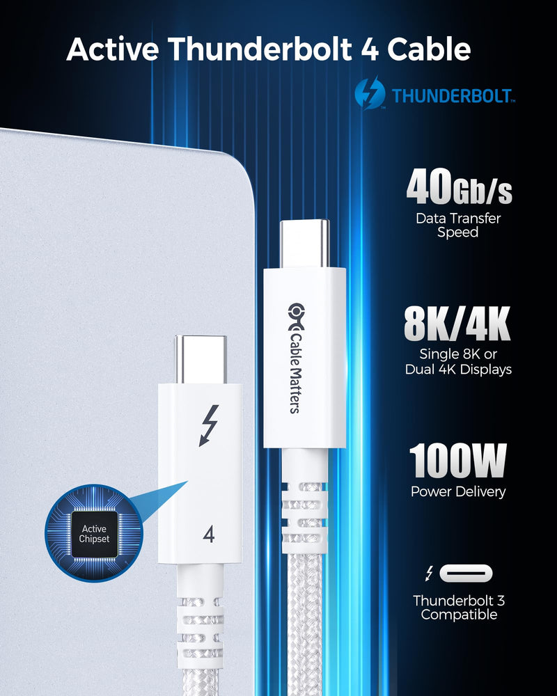 Cable Matters [Intel Certified] Braided 40Gbps Thunderbolt 4 Cable, 6.6ft | White, [8K@60Hz / 4K@240Hz, 100W Charging, 40Gbps Data Transfer], Active, Compatible with Thunderbolt 3, USB4, USB-C
