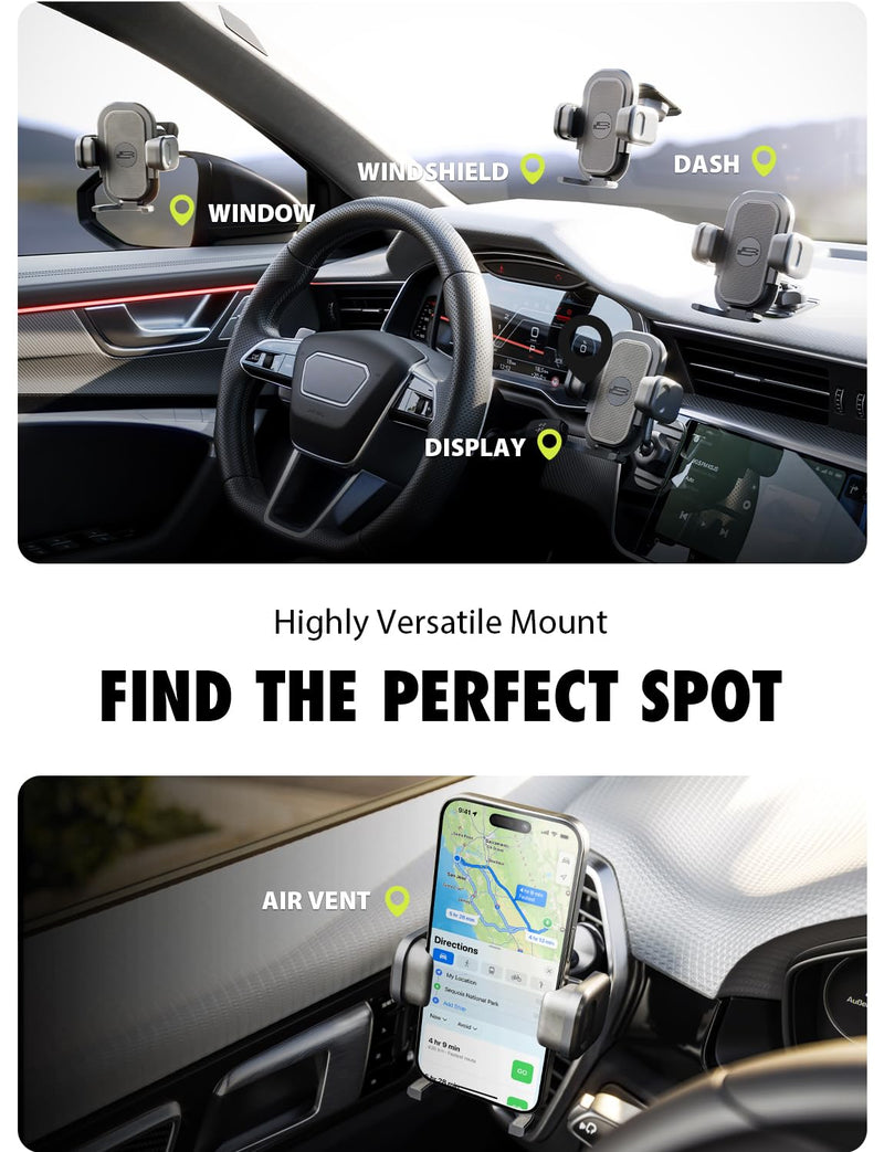 Bracketron TripGrip PRO Car Phone Holder Mount, Vent & Dash, One-Button | TripGrip PRO suction cup phone holder with secure vent hook, one-button release, and 360° rotation for most smartphones