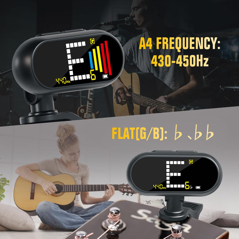 EX Professional Rechargeable Clip-On Guitar Tuner with LCD Screen - Chromatic Clip on Tuner for Acoustic Guitar, Bass Guitar, Ukulele, Violin & Chromatic Gray