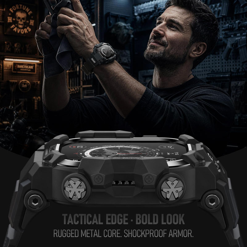 BXUXOHS Rugged Case and Band for Apple Watch Series 9/8/7 45mm Cover Men | Military-Grade Tactical Durable Case,Shockproof Metal Bumper,Mudproof Waterproof TPU Band Cover for iWatch 9/8/7 45,Black 03-Black & Titanium Black
