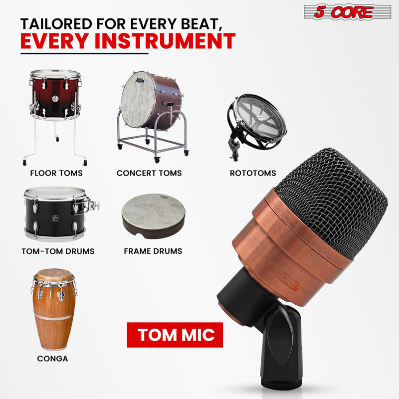 5 CORE Tom Microphone Copper Finish XLR Wired Uni Directional Snare Drum and Other Musical Instrument Mic w Swivel-Mount Steel Mesh Grille Tripod Carry Case Included Tom XP COPPEREX Metallic
