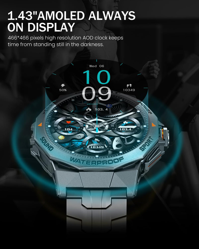 Military Smart Watch for Men with Bluetooth Call, 1.43" AMOLED Screen Smartwatch with Heart Rate/Sleep Monitor, IP68 Waterproof Fitness Tracker with 100+ Sport Modes for iOS Android