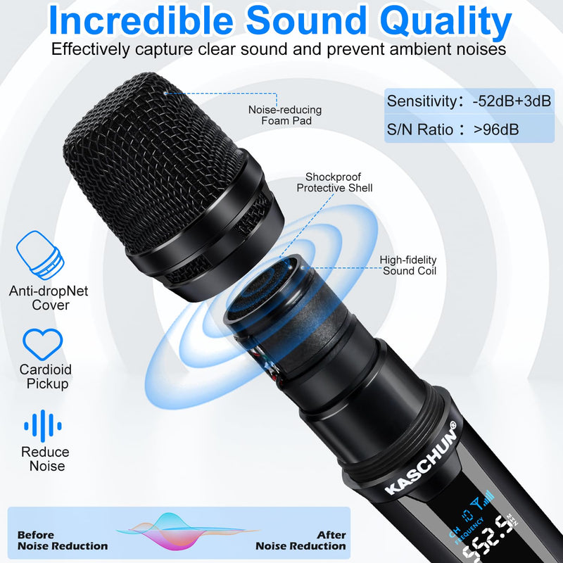 Wireless Rechargeable Metal Handheld UHF Karaoke Microphone, 160Ft Range, 2 Mics, 1 Receiver, 6-8Hrs Battery Life