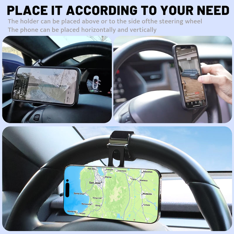 Magnetic Phone Holder for Car, Steering Wheel Phone Holder [Strong Magnet], for MagSafe, Adjustable Strap Compatible with Gym Equipment, Stroller, Shopping Cart, All Phone(Magnetic Ring Included) Black