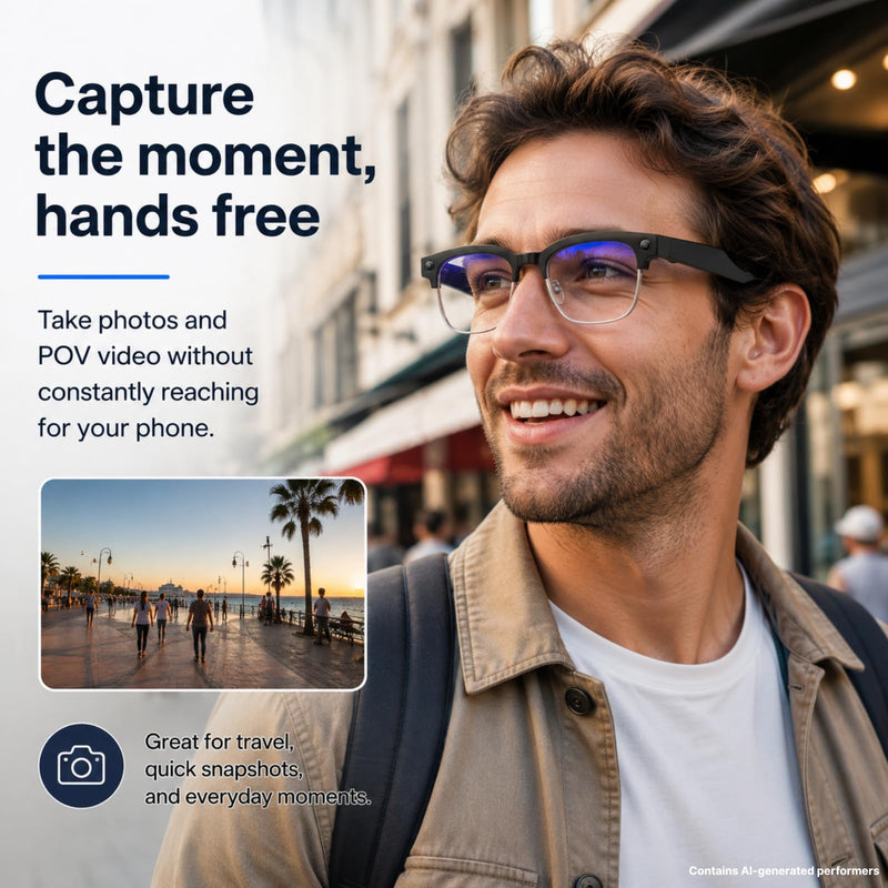 Smart Camera Glasses, 8MP POV Video and Bluetooth Audio,Bluelight | 8MP POV recording with blue light lenses, WiFi transfer and open-ear audio for work, commuting and everyday moments. White