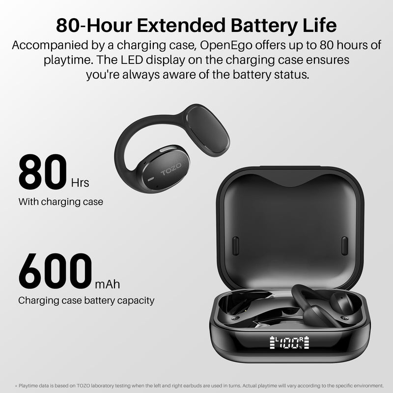 TOZO OpenEgo True Wireless Open Ear Headphone,5.3 Bluetooth Sport Earbuds Black + USB-C to USB-A Charging Cable Black
