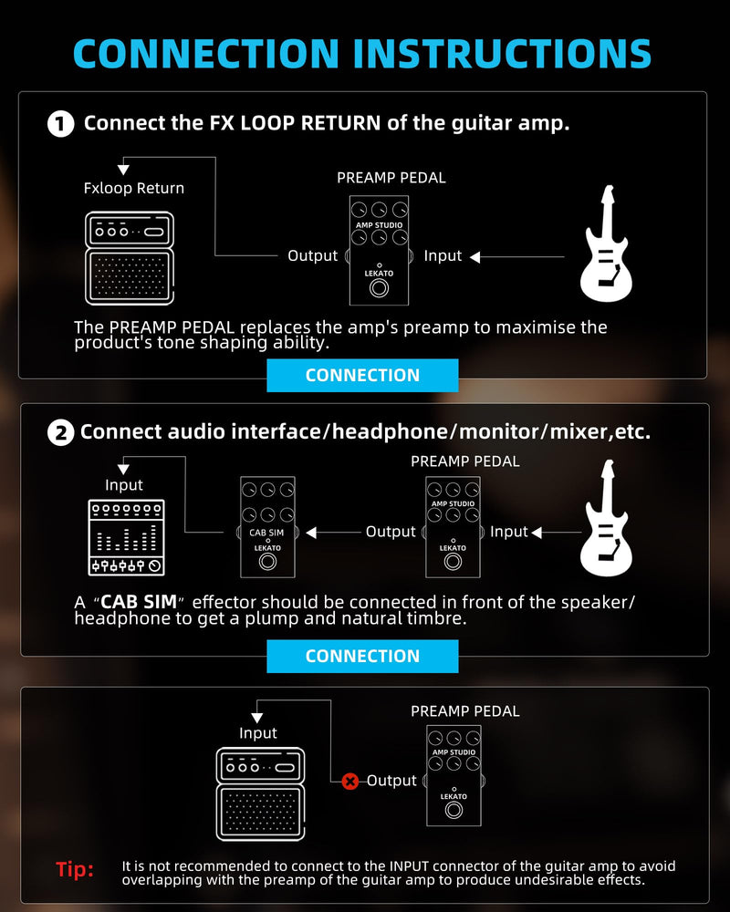 [AUSTRALIA] - LEKATO Amp Simulator Guitar Effect Pedal with True Bypass Clean to Overdrive for Electric Guitar Bypass (EP-01) Black Amp Simulator 