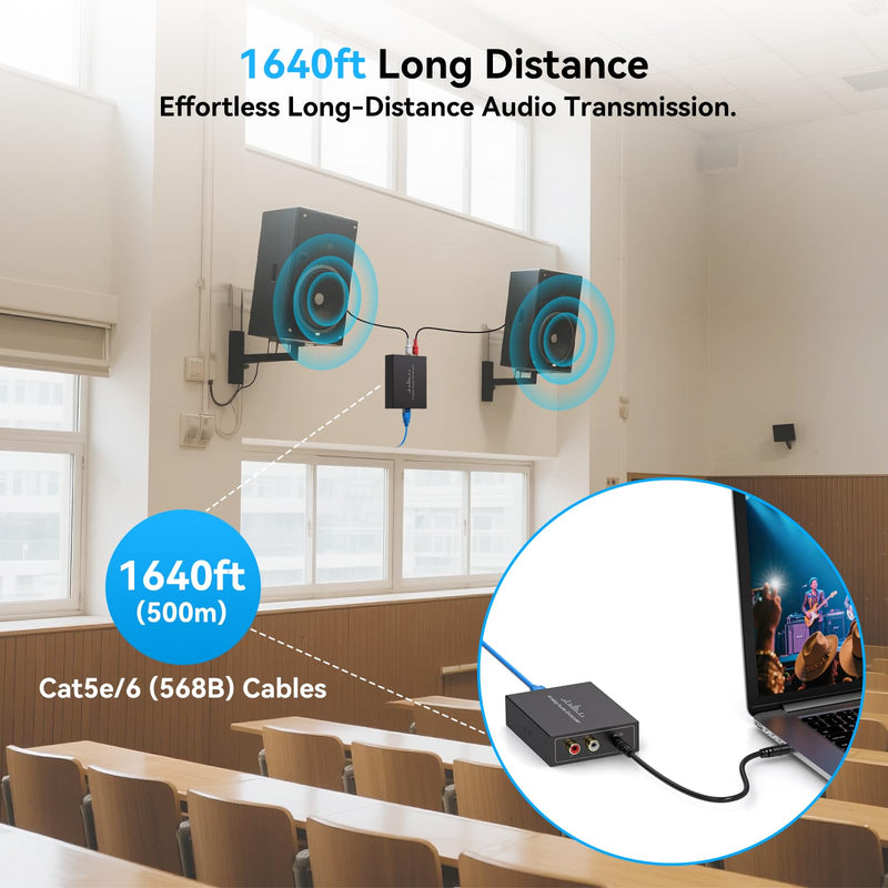 [AUSTRALIA] - RCA /3.5MM Stereo Analog Audio Extender Over Ethernet LAN Single Cat5e/6 Cable, up to 1640FT/500M No External Power Required for Home Theater Church AMP Long Distance Audio Transmission 