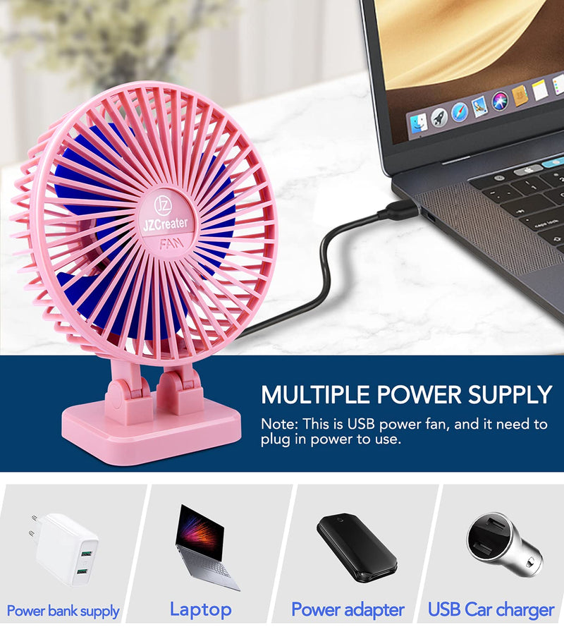 JZCreater USB Desk Fan, 5INCH Mini Fan, 3 Speeds Adjustable Desktop Table Cooling Fan in Single Button , Rotation Strong Wind, Quiet Personal Mini Fan for Home Desktop Office Travel,（Pink Blue) Pink Blue