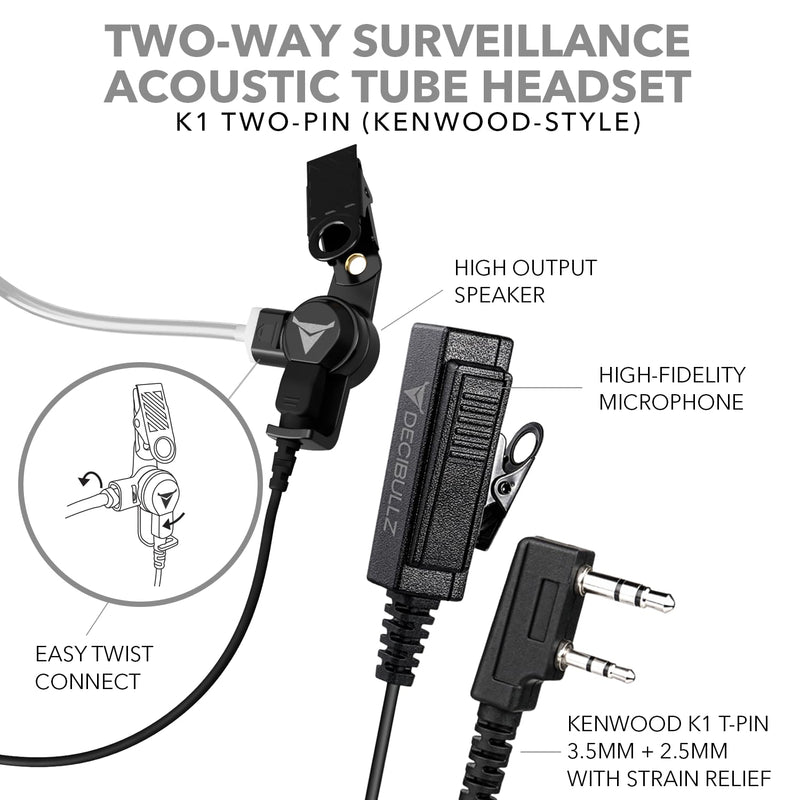 Decibullz 2-Way Surveillance Acoustic Tube Headset, K1 Earpiece Audio Set Compatible with Kenwood K-Plug & Baofeng, Inline PTT Mic, Clear Coil, K-Type 2-Pin (3.5mm & 2.5mm) Jack + Isolation