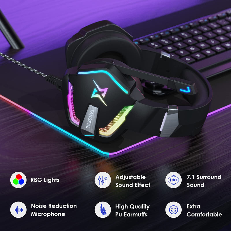 targeal Gaming Headset with Microphone for PC PS5 PS4 Switch Laptop Mac, USB Wired 7.1 Surround Sound Gaming Headphones with Omni-Directional Noise Canceling Mic, RGB LED, Without Type C Cable SKY-917