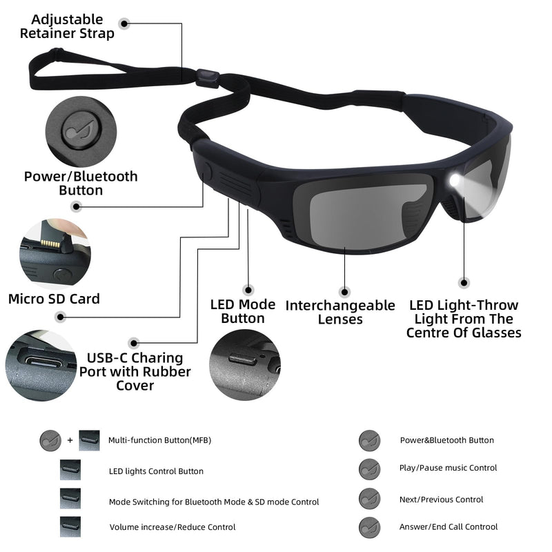 Smart Bluetooth Safety Glasses for Men&Women Ultra Loud Volume,Rechargeable LED Lights 20 Hrs Runtime Ansi Z87.1 Yellow Lenses