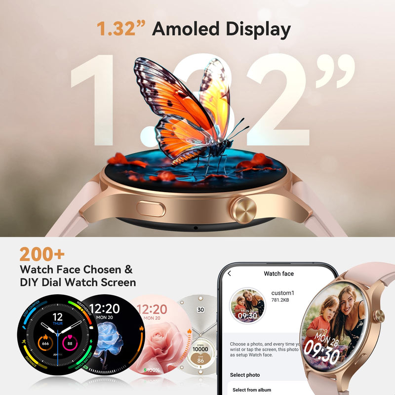 Smart Watch for Women, Answer/Make Call, 1.32'' AMOLED Ultra-Clear Screen | Fitness Tracker with Heart Rate/Sleep/SpO2 Monitor, Smartwatch for iPhone/Samsung/Android, 110+ Sport Modes, 3ATM Waterproof Rose Gold S/M/L
