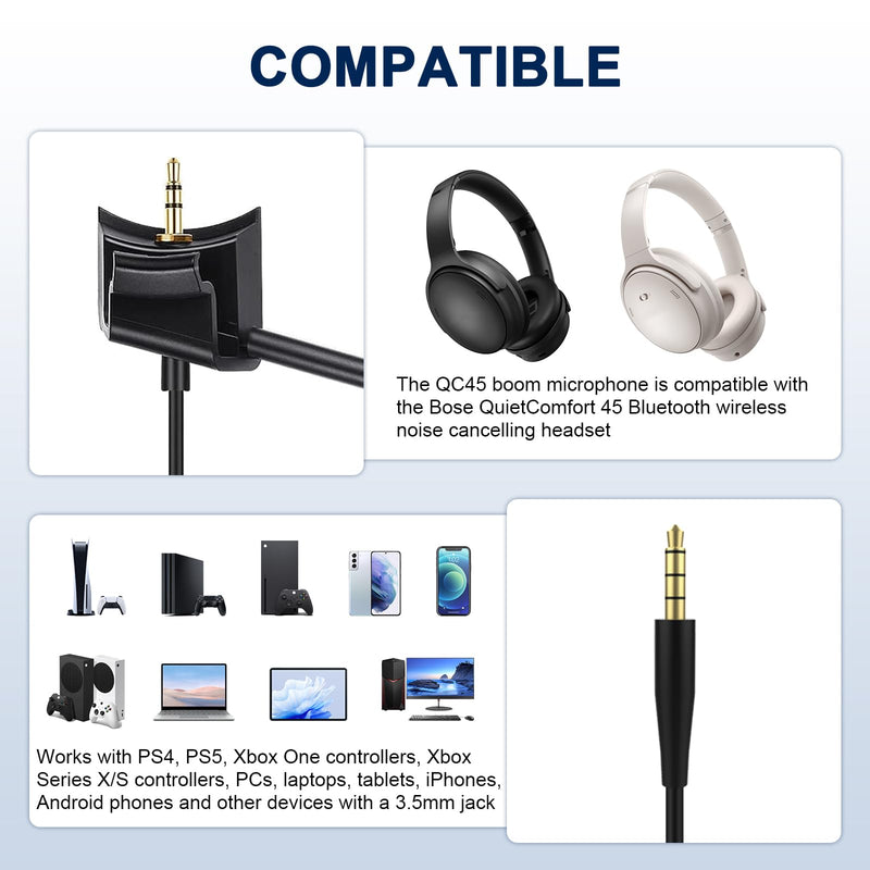 QC45 Microphone Compatible with Bose QC45 Wireless Noise Cancelling Headphones, Boom Gaming Microphone Cable with Mute Switch for PS4, PS5, PC, Xbox One Controller (QC45 Boom Mic, 3.5mm Y-Splitter)