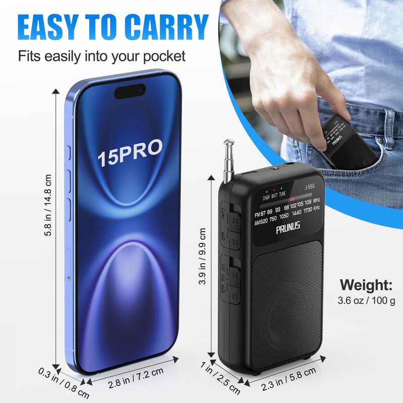J-555 Pocket Radio AM FM USB-C Charging& Battery Operated, Excellent Reception& Clear Speaker and Headphone Jack, Back Clip, Flashlight, Transistor Radio, Portable Radio AM FM, Mini Radio Black