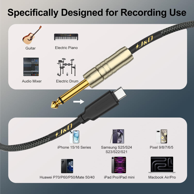 J&D USB C to 6.35 mm 1/4 inch TS Guitar Audio Cable, Audio Recording, Bass, Electronic Piano Microphone Cord Compatible with iPhone 16 Pro Max/16 Pro/16 Plus/16/15/15 Pro Max/15 Pro/15 Plus, 10 Feet Blue