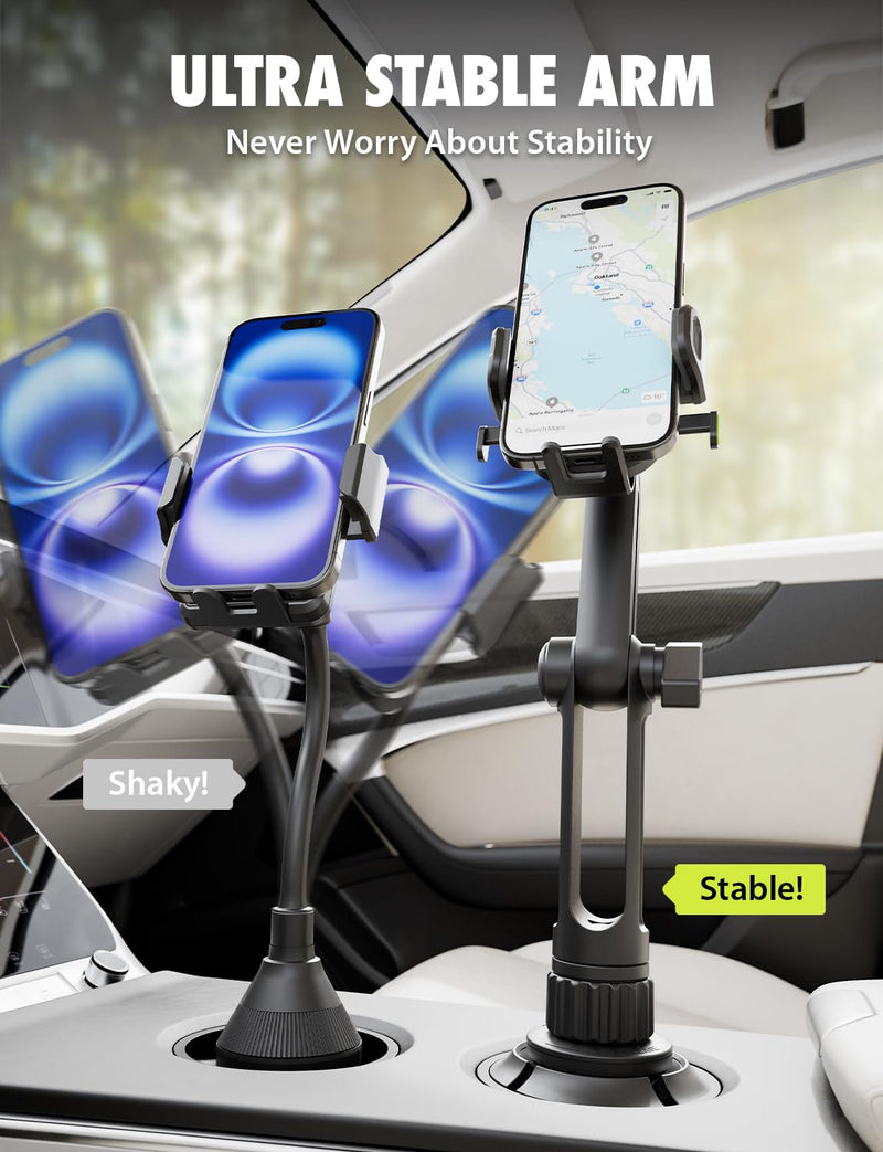 Bracketron OneClick Cup Phone Holder for Car, 360° Rotation Expandable Base | OneClick car phone mount with twist-to-expand base, folding support legs, and secure hold for smartphones up to 4.2 inches