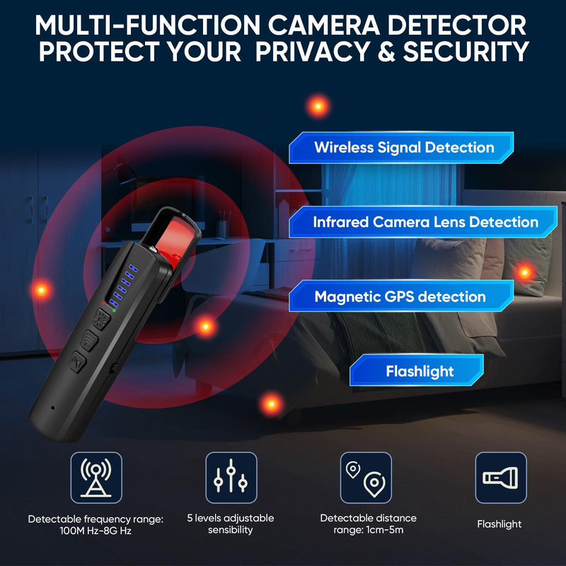 AI Hidden Camera Detector, Anti-Spy Camera Finder RF Signal & WiFi Scanner Hidden Devices Detector for GPS Trackers, 4 Modes for Hotel, Bathroom, Office, Car Travel Security (Black) Black