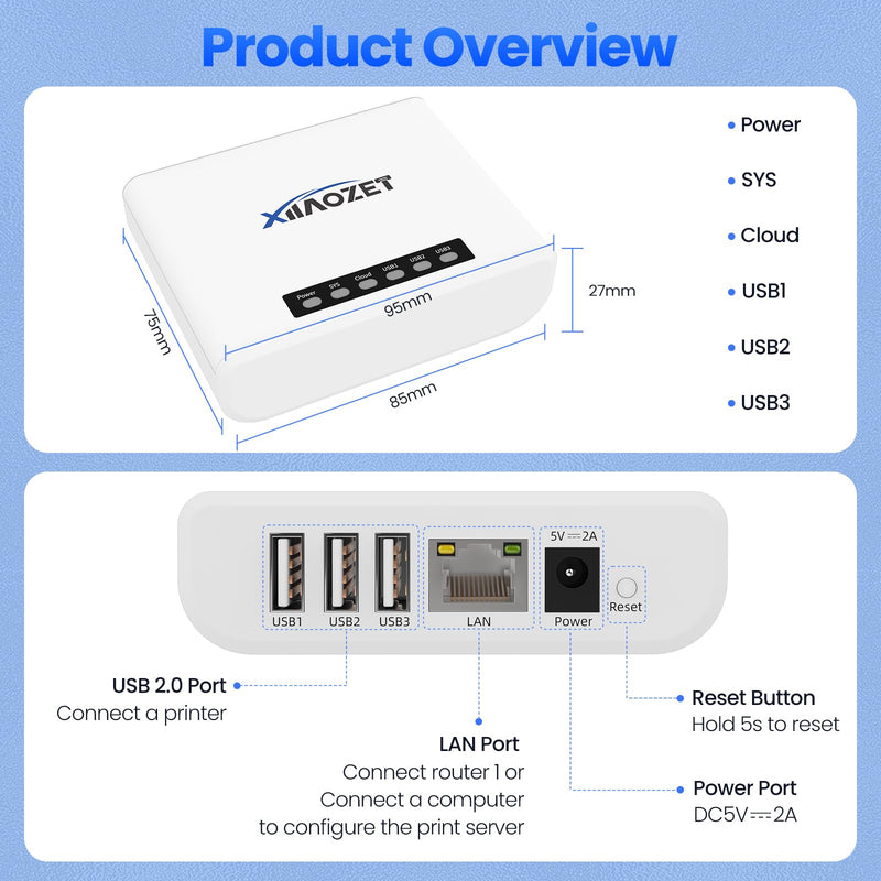 Wireless Print Server to Share 3 USB Printers Over Local Network | Easy Setup, Support Ethernet WiFi, Compatible with All RAW-Supported Printers LK300W. 3 USB Port