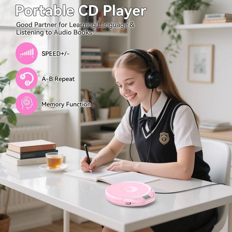 [AUSTRALIA] - Portable CD Player for Car: Kegaudio with Earphones Anti-Skip LCD Display Personal Disman Disc Player for Car & Sports Supports MP3 WMA PROG & Memory Function Pink 