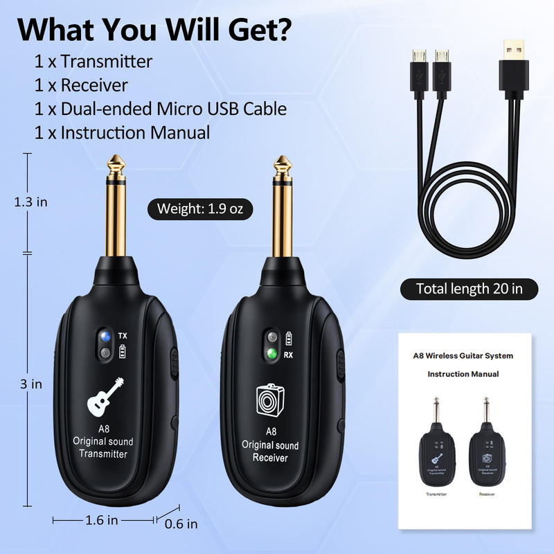 A8 Wireless Guitar Transmitter Receiver System, 2.4GHz Rechargeable, 24-bit/48KHz Audio, Low Latency <4ms for Electric Guitar & Bass, Wireless Audio Transmitter & Receiver (A8(1TX+1RX)) A8(1TX+1RX)