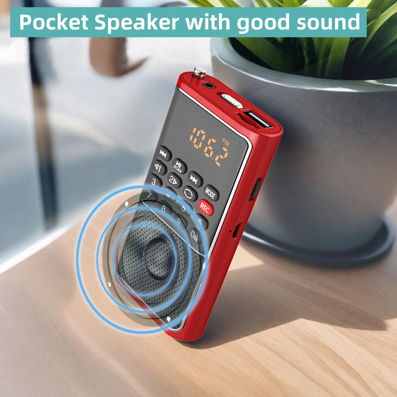 [AUSTRALIA] - Small FM Radio Pocket Portable Radio,Rechargeable Battery Operated,USB/Micro SD Card/TF Card Slot Mp3 Player,Numeric Key, with Recorder,Excellent Reception and Sound,Suitable for Home & Outdoor Use RED 