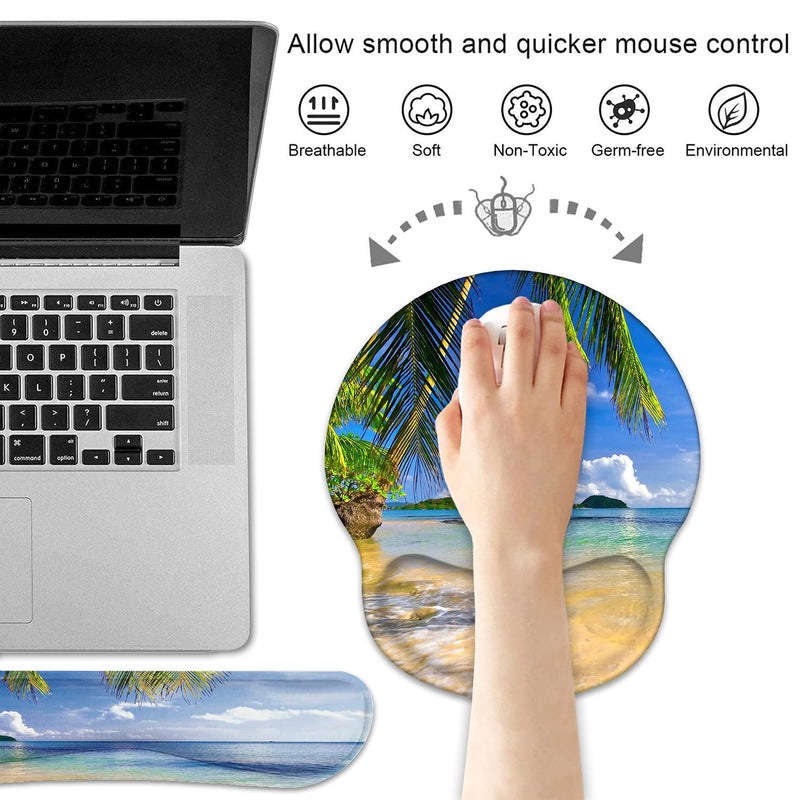 Keyboard Wrist Rest and Mouse Pad Wrist Support Set with Coasters, Non-Slip PU Base Ergonomic Gaming Mousepad for Home Office Working Studying Easy Typing & Pain Relief, Shore Palms Tropical Beach