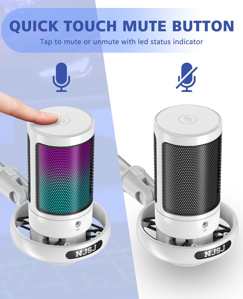 [AUSTRALIA] - NJSJ USB Microphone for PC, Gaming Mic for PS4/ PS5/ Mac/Phone,Condenser Microphone with Touch Mute, RGB Lighting,Gain knob & Monitoring Jack for Streaming,Podcasting (with Desktop Stand, White) With desktop stand 