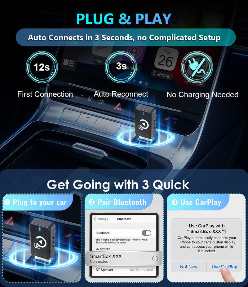 Wireless CarPlay Adapter for Apple iPhone - 2027 Upgraded CarPlay Wireless Adapter with USB C/A, Ultra-mini Bluetooth Car Play Adapter - 3s Auto Connect Stable Connection - Space Black