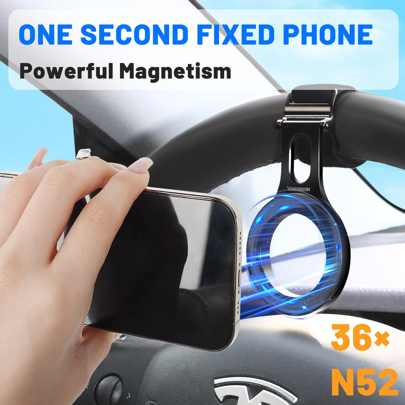 Magnetic Phone Holder for Car, Steering Wheel Phone Holder [Strong Magnet], for MagSafe, Adjustable Strap Compatible with Gym Equipment, Stroller, Shopping Cart, All Phone(Magnetic Ring Included) Black
