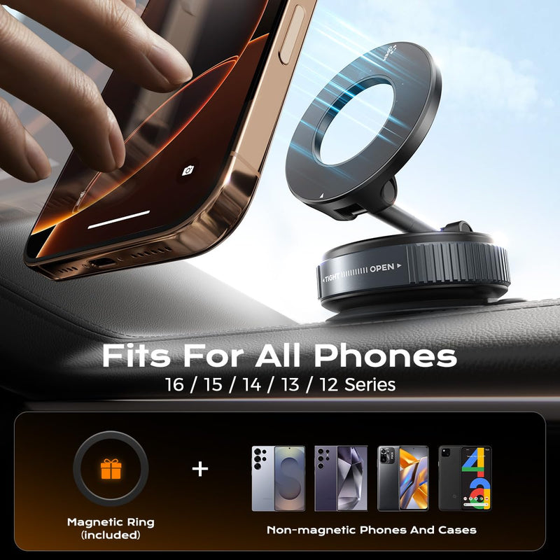 Upgraded Nano Gel Magnetic Phone Holder, 360° Rotation Vacuum Suction Cell Phone Mount for Magsafe,Strong Suction Adjustable Phone Car Mount Foldable Stand for iPhone 12-17 Series(Not Charge Phone) Ultra Strong Nano Gel