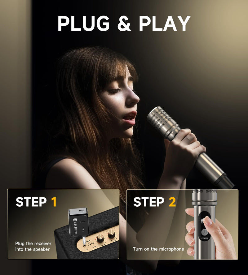 Wireless Microphone, Metal Dynamic Mic System with One-to-One Chip Connection and Rechargeable Receiver, 40H Duration, 200FT Range Receiving, Less Latency Karaoke Microphone for Singing