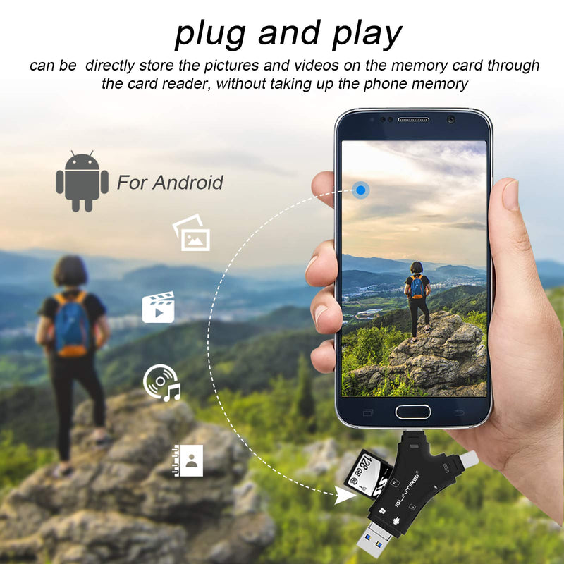 SD Card Reader for iPhone / ipad / Android / Mac / Computer / Camera,4 in1 Micro SD Card Reader Trail Camera Viewer, Portable Memory Card Reader SD Card Adapter Compatible with SD and TF Cards(Black) black