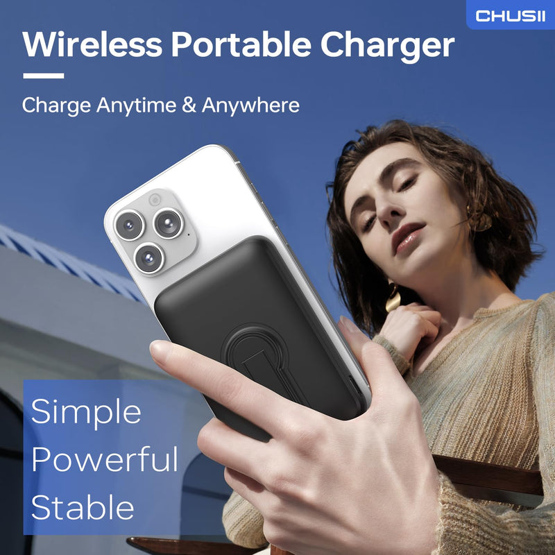 for Magsafe Portable Charger, 12000mAh Wireless Magnetic Power Bank with Stand and USB C in/Out Fast Charging, for Magsafe Battery Pack Compatible with iPhone 15/14/13/12 Pro/Pro Max Series-Black Black