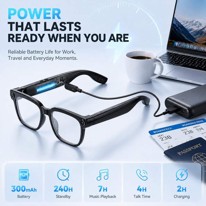 AI Smart Glasses with 8MP Camera, 6-Axis EIS 1200P Video Recording Sunglasses, Bluetooth 5.4 Open-Ear Audio with ChatGPT Translation for Cycling & Vlogging, 42g Lightweight Shiny Black02