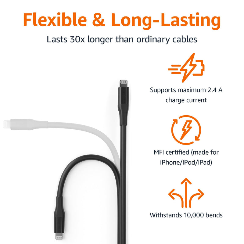 Amazon Basics - USB-A to Lightning ABS Charger Cable (10 feet), MFi Certified for Apple iPhone 14 13 12 11 X Xs Pro, Pro Max, Plus, iPad, 10,000 Bend Lifespan, Black 10 feet