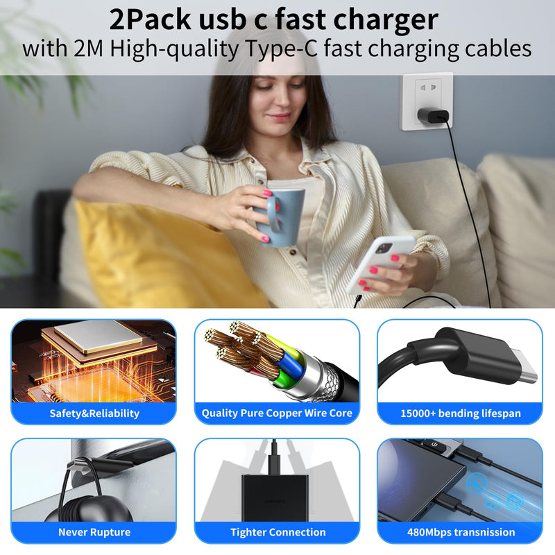 Type C Charger Fast Charging for Samsung 25W Fast Charger, 2-Pack PD/PPS USB C Fast Wall Charger Block with 6FT Type C to Type C Cable for Samsung Galaxy S23/S22/S21/S20/Note 20/Note 10/ iPhone 15 Black