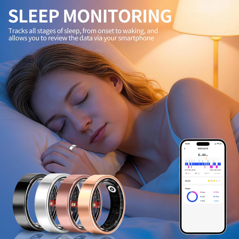 Smart Ring Fitness & Sleep Tracker HR Monitor (Silver, 8) | Women's Health,No subscription,IP68 Waterproof, 3-5 day Battery Life, Remote photography, Size Before You Buy Silver