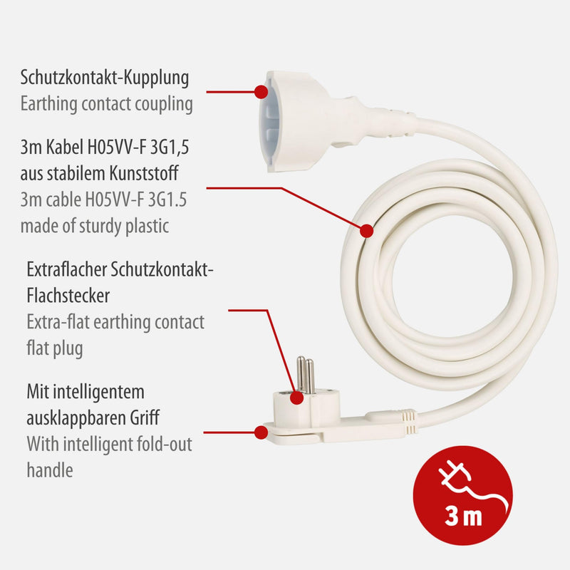 Brennenstuhl Quality Plastic Extension Cable with Flat Connector (Extension Cable, Flat, for Indoors, with 3 m Cable), White 3m Single