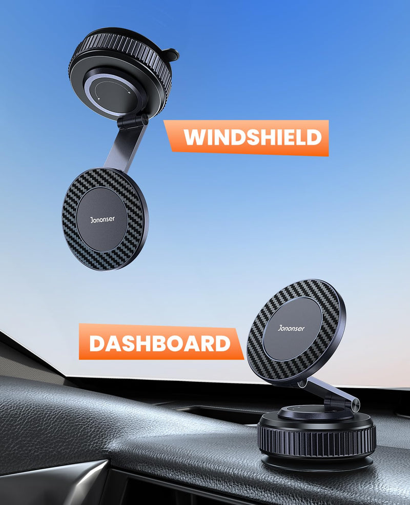 Jononser Suction Phone Mount for Car Dashboard/Windshield - 360°Adjustable Magnetic Phone Holder for Car, Foldable Car Phone Holder for iPhone 17/16/15/14/13/12 Series (Carbon Fiber & Aluminum Alloy) Black