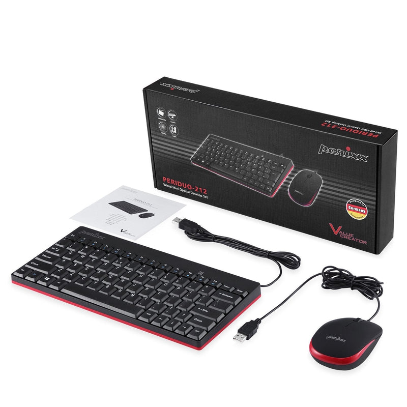 Perixx Periduo-212 Wired Mini Keyboard and Mouse Set, USB Connection, Black, US English Layout (11486)