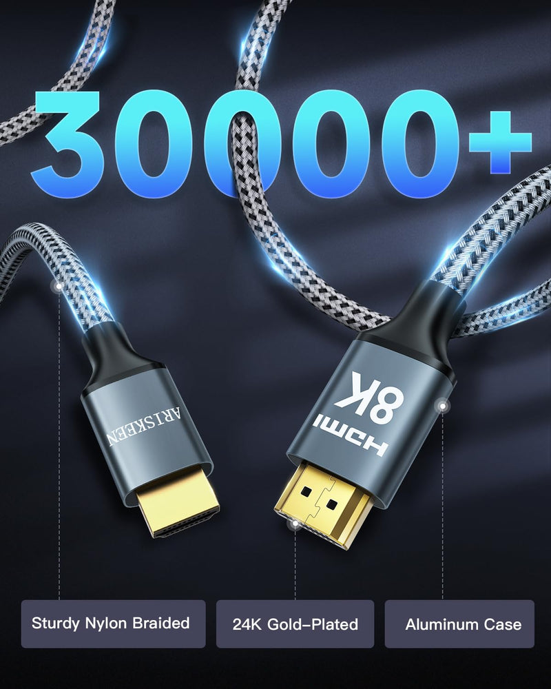 ARISKEEN 8K HDMI Cable 60FT, 48Gbps High Speed Fiber Optic HDMI 2.1 Cable, 8K 60Hz, 4K 120Hz Support for HDR 10, HDCP 2.2 2.3, Unidirectional Braided HDMI Cord Compatible with Laptop/HDTV - 60 Feet 1