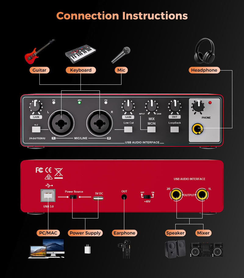 TISINO Audio Interface 2i2-24Bit/192kHz, USB Audio Interface for Recording, Songwriting, Streaming and Podcasting, Plug & Play Studio Interface with 48V Phantom Power, PC/Mac/iOS Compatible,RED Classic Red
