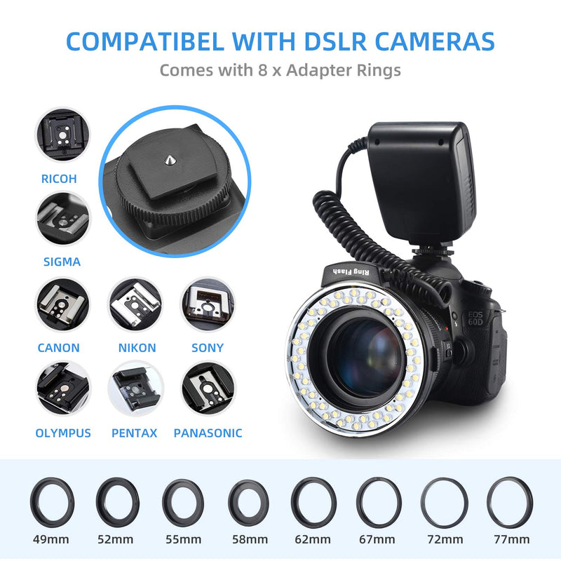 [AUSTRALIA] - Ring Flash, Emiral 48 Macro LED Flash Light with LCD Display Power Control, Adapter Rings and Flash Diffuser for Canon, Nikon DSLR Cameras 