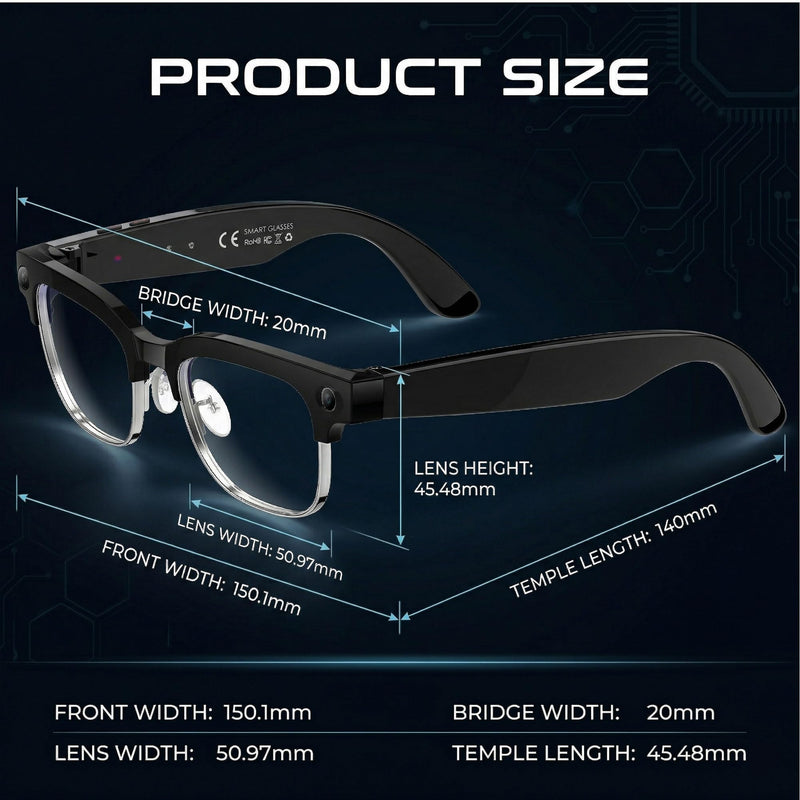 AI Smart Glasses with Camera 1080P POV Video Recording Photochromic | Real-time audio translation & open-ear Bluetooth music call
