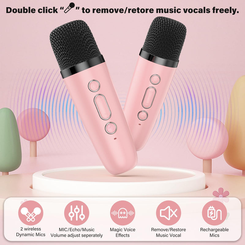 JYX Mini Karaoke Machine for Kids, Portable Bluetooth Karaoke Speaker Unpowered Cabinets with 1 Wireless Microphones and Party Lights and Adults, Birthday Gifts for Girls Boys Family Home Party(Pink) Pink-2Mic