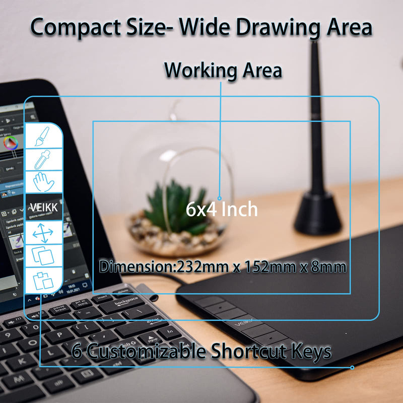 VEIKK VK640 Drawing Tablet 6 x4 inch OSU Tablet with Battery-Free Stylus for Android,Windows and Mac OS,Support Tilt Function(8192 Level Pressure)